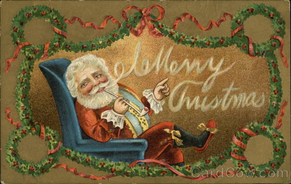 Santa Smoking in Chair, Framed by Holly Santa Claus