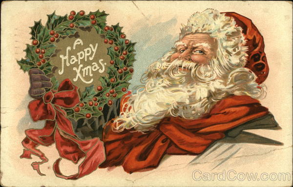 A Happy Christmas with Santa holding a Holly Wreath