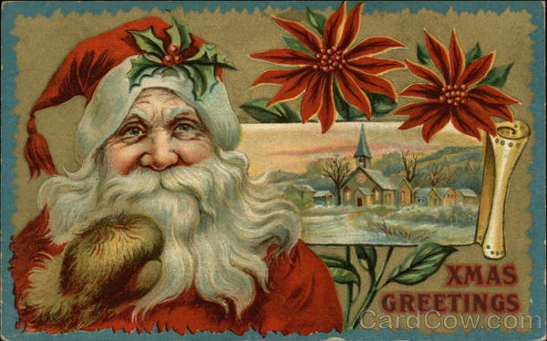 Santa With Holly on Hat and Poinsettias Santa Claus