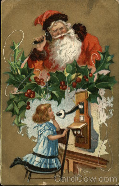 Little Girl Talking on Telephone to Santa Claus