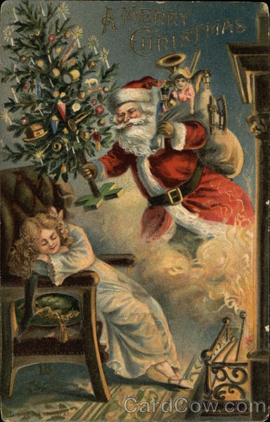Santa holding toys and tree while girl sleeps in chair