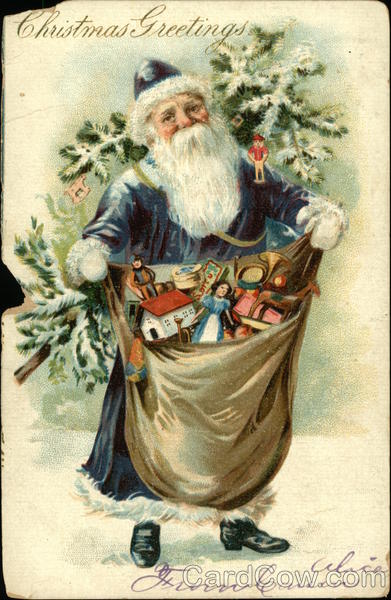 Santa in Blue Robe Delivering Presents Santa Claus