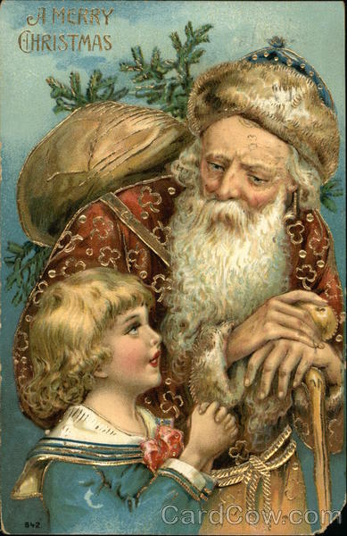 Santa looking at young girl in blue dress with folded hands