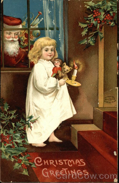 Santa watching girl through window. Girl is holding candle and gifts