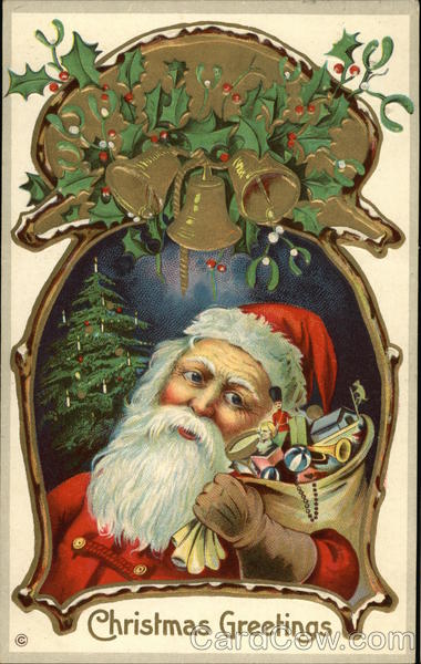 Christmas Greetings with Santa, Toys, Holly and Bells
