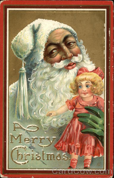Santa in White Robe and Hat Carrying Doll in Red Dress