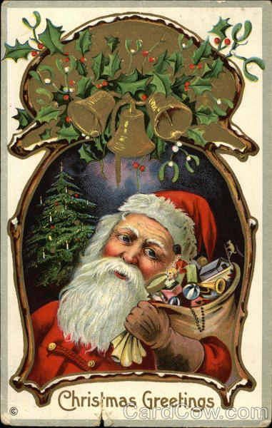 Santa carrying toys tree in background Santa Claus