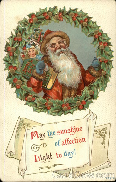 Santa Carrying Presents Framed With Holly Wreath Santa Claus