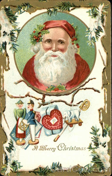 Santa in round picture with toys hanging from branches under picture