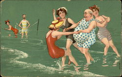 Three Young Ladies Dancing with a Old Fat Man in Sea Water Postcard