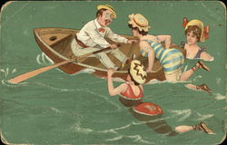 Three Women Climbing Into Boat Rowed by Man Swimsuits & Pinup Postcard Postcard