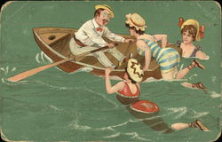 Three Women Climbing Into Boat Rowed by Man Postcard
