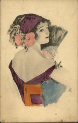 Hand Colored Woman in Purple Holding Fan Postcard