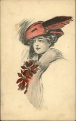Woman in Red Hat with Poinsettias Postcard