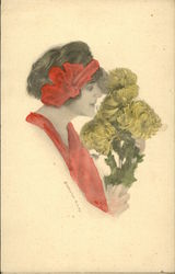 Girl with Orange Dress and Orange Bow in her Hair Smelling Bouquet of Yellow Flowers Women Postcard Postcard