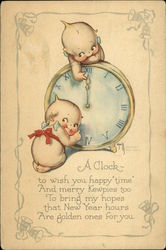 A Clock to Wish you Happy Time and Merry Kewpies too to Bring my Hopes that New Year Hours New Year's Postcard Postcard