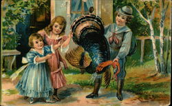 Three Children Catching Thanksgiving Turkey Three Children Catching Thanksgiving Turkey