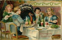 Four people sitting around table with turkey in middle Four people sitting around table with turkey in middle