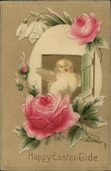 Happy Easter-Tide with Roses, Egg House and Chick Postcard