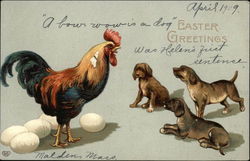 Easter Greetings - Rooster with Eggs and Puppies Postcard Postcard