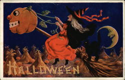 Halloween with Witch, Jack O'Lantern, and Black Cat Postcard