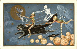 Flying Witch on Broomstick, Skeleton, Ghoul on Large Black Cat, Bats, Ghost and Jack-o-Lanterns Postcard