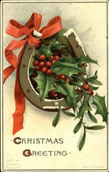 Christmas Greeting with Horseshoe and Holly Postcard Postcard