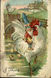 Elf Riding White Rooster on Farm Postcard