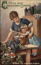 With Best Christmas Wishes, Stirring the Christmas Pudding Postcard