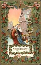 Santa in Red and Blue Robe Delivering Toys in Town Postcard