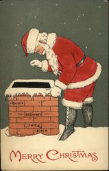Santa on roof peering down top of chimney Santa Claus Postcard Postcard