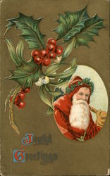 Picture of Santa on right with Holly towards top Postcard