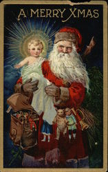 A Merry Xmas - Santa holding Jesus Santa Claus Postcard Postcard