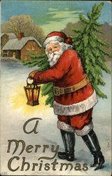 A Merry Christmas with Santa Carrying Tree Postcard