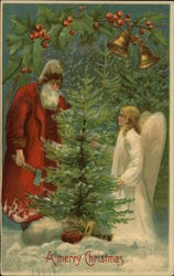 Santa with axe and angel looking at tree Santa Claus Postcard Postcard