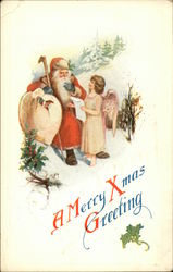 Santa and Child Angel Looking at List Postcard
