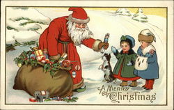 Santa giving presents to two children and a dog Postcard