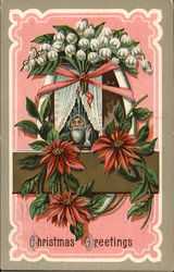 Santa looking through window with white curtains Postcard