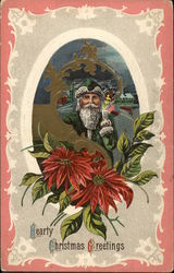 Hearty Christmas Greetings - Santa Claus and Poinsettias Postcard