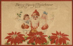 Santa holding a child in each arm with pointsettias on bottom Postcard