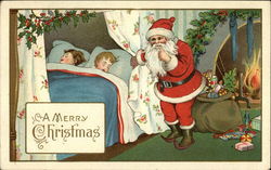 Santa with Presents in the room of Two Little Children Postcard