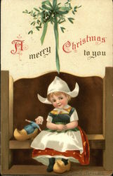 Dutch Girl Sitting on Bench Under Mistletoe Santa Claus Postcard Postcard