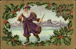 Santa in Purple Road Walking in Snow Santa Claus Postcard Postcard
