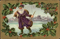 Santa in Purple Road Walking in Snow Postcard