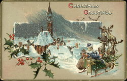 Santa in Blue Robe Delivering Presents Flying by Snowy Church Postcard
