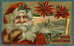 Santa With Holly on Hat and Poinsettias Postcard