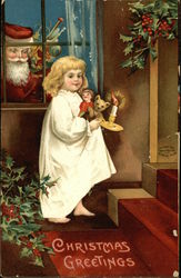 Santa watching girl through window. Girl is holding candle and gifts Postcard