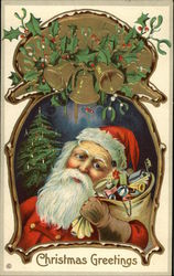 Christmas Greetings with Santa, Toys, Holly and Bells Santa Claus Postcard Postcard
