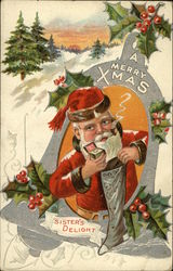Santa smoking pipe putting ring and box into stocking Postcard