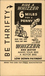 Be Thrifty -> Ride a Whizzer Bicycles Postcard Postcard